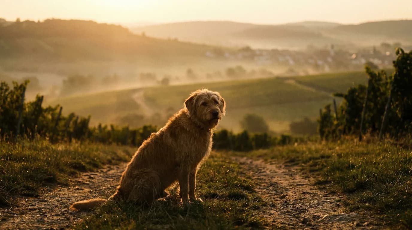 Hund in den Weinbergen Rheinhessens bei Sonnenuntergang