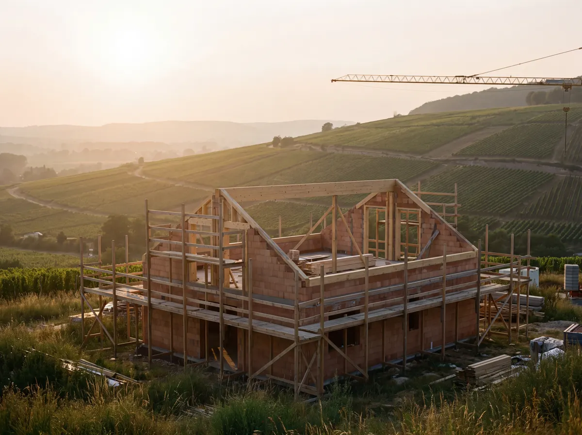 Rohbau eines Einfamilienhauses mit Gerüst vor Weinbergen