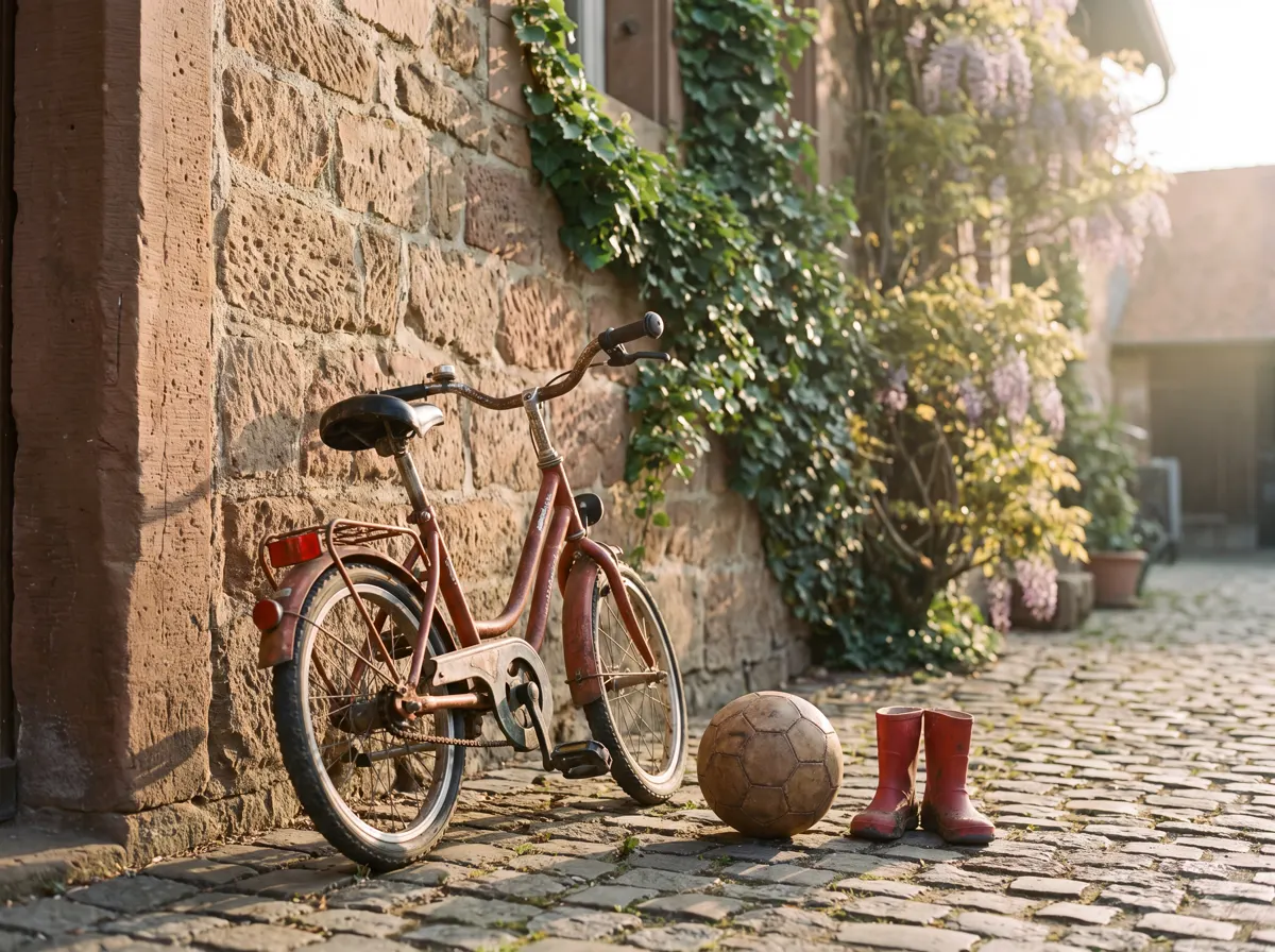 Kinderfahrrad, Fußball und Gummistiefel an einer Sandsteinmauer in einem Dorfhof