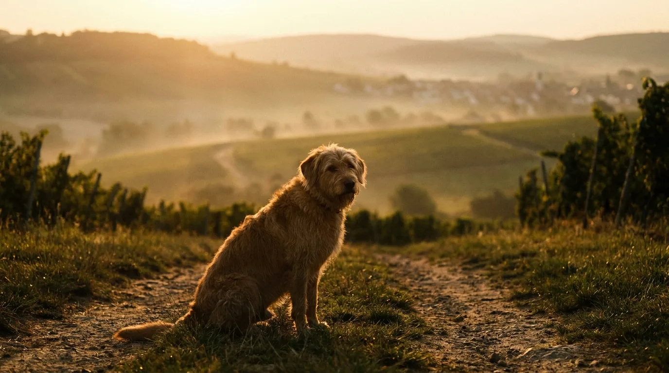 Hund auf einem Feldweg über den Weinbergen bei Abendsonne